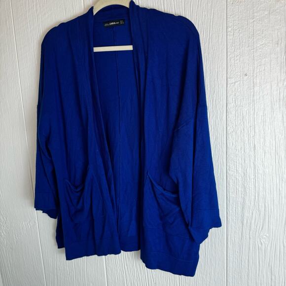 Zara Knit Royal Blue Open Front Cardigan Career Office Size Medium with Pockets - Picture 3 of 7
